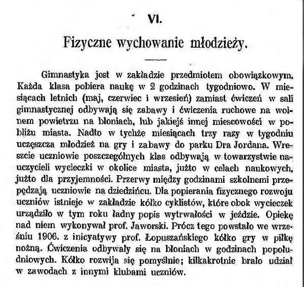 Kraków, czyli kółka gry w piłkę nożną w II Wyższej Szkole Realnej w Krakowie (fot. Trzecie Sprawozdanie Dyrekcyi c.k. II. Wyższej Szkoły Realnej w Krakowie za rok 1907)